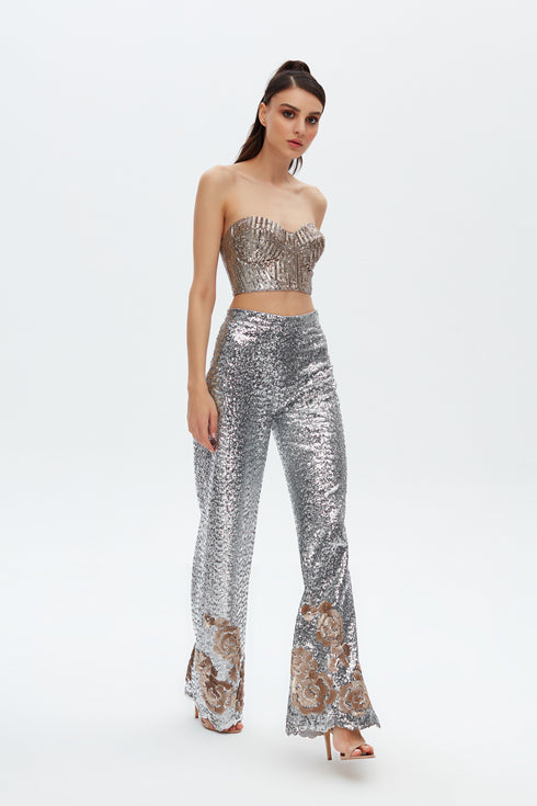 SILVER-CAMEL SEQUIN BRA FORM CROP TOP